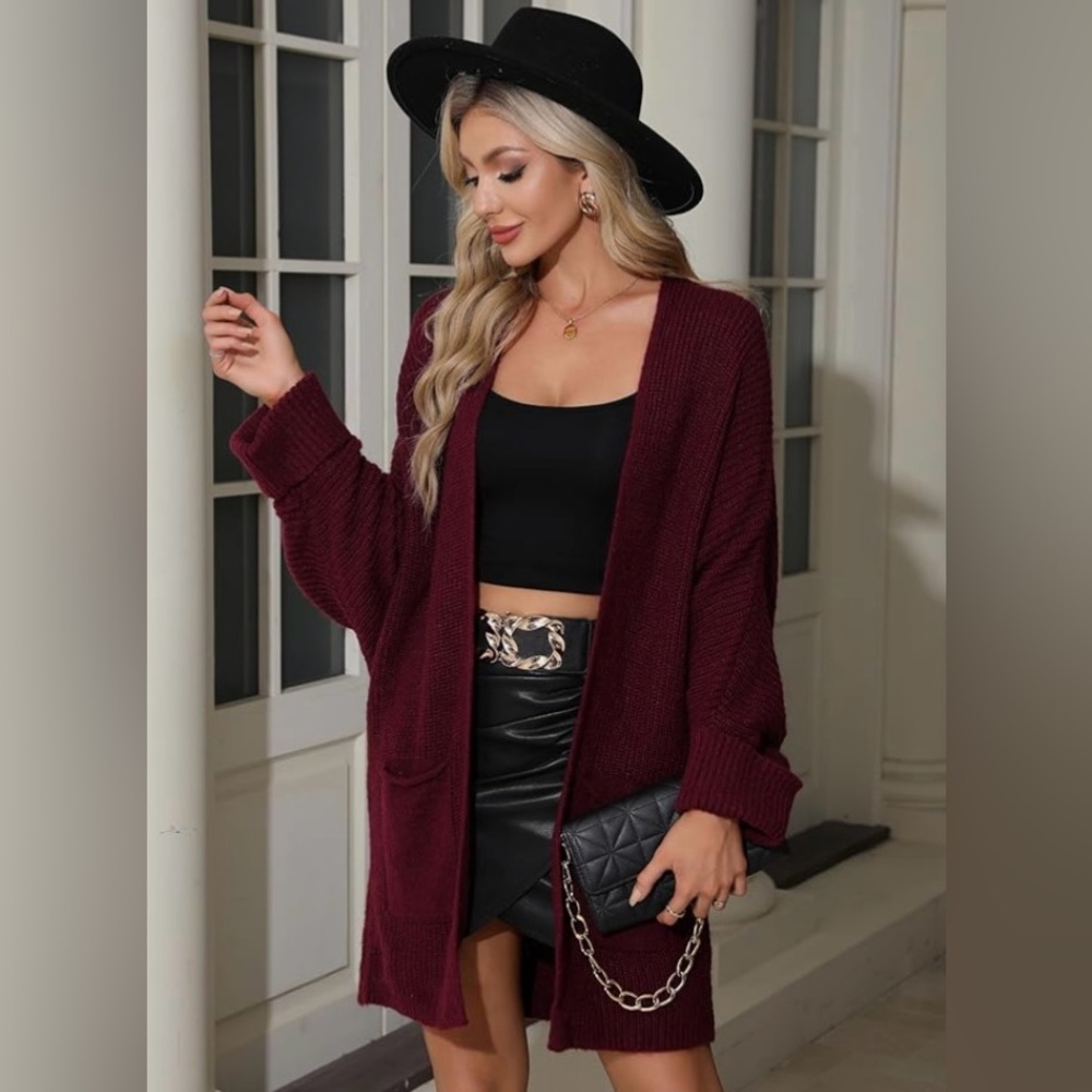 Burgundy Open-Front Women Cardigan Sweater